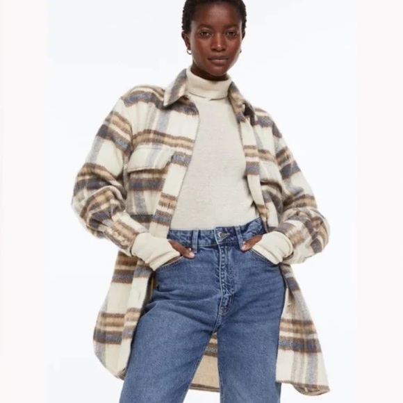 H&M Beige Plaid Wool Blend Oversized Shacket Coat - Picture 1 of 11